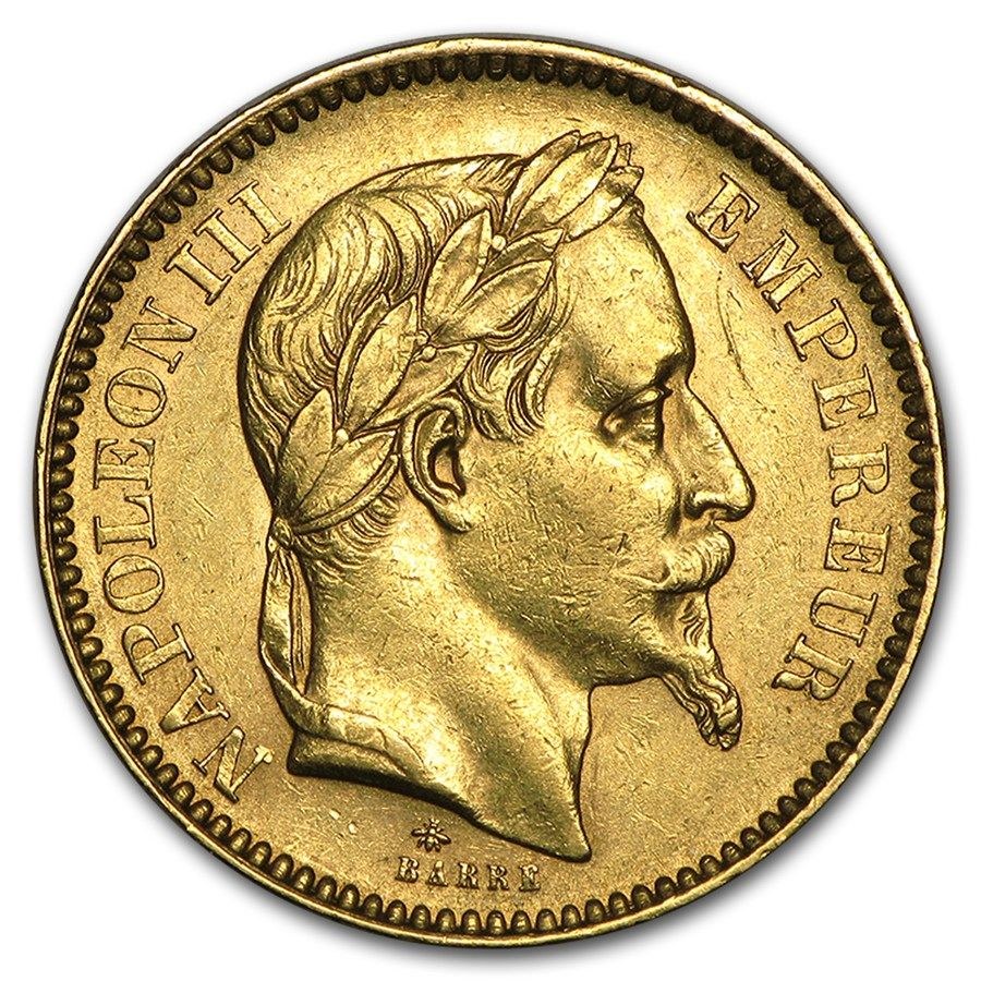 20 francs gold Napoleon coin, effigy of Napoleon III laureate head
