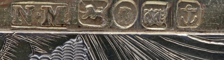 Photograph: row of English hallmarks with the lion passant, Birmingham 1845